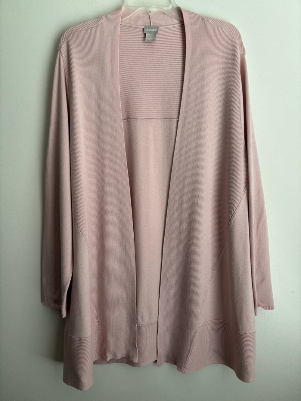 Chico’s Ribbed Open Front Cardigan Sweater Pink Blush Long Sleeve Size 3 US XL